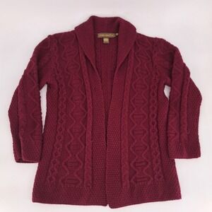 Inis Crafts Womens Sz M Merino Wool Cardigan Sweater RedCable Knit Shawl Collar